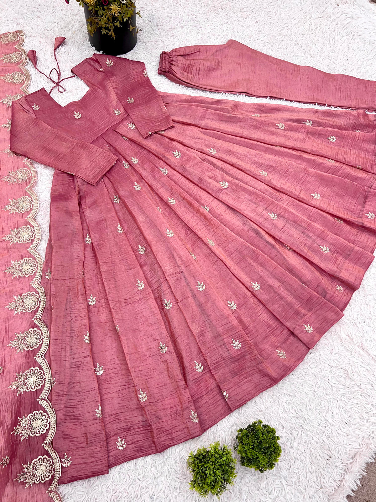 Designer Gold Crush Silk Heavy Embroidered Gown Set
