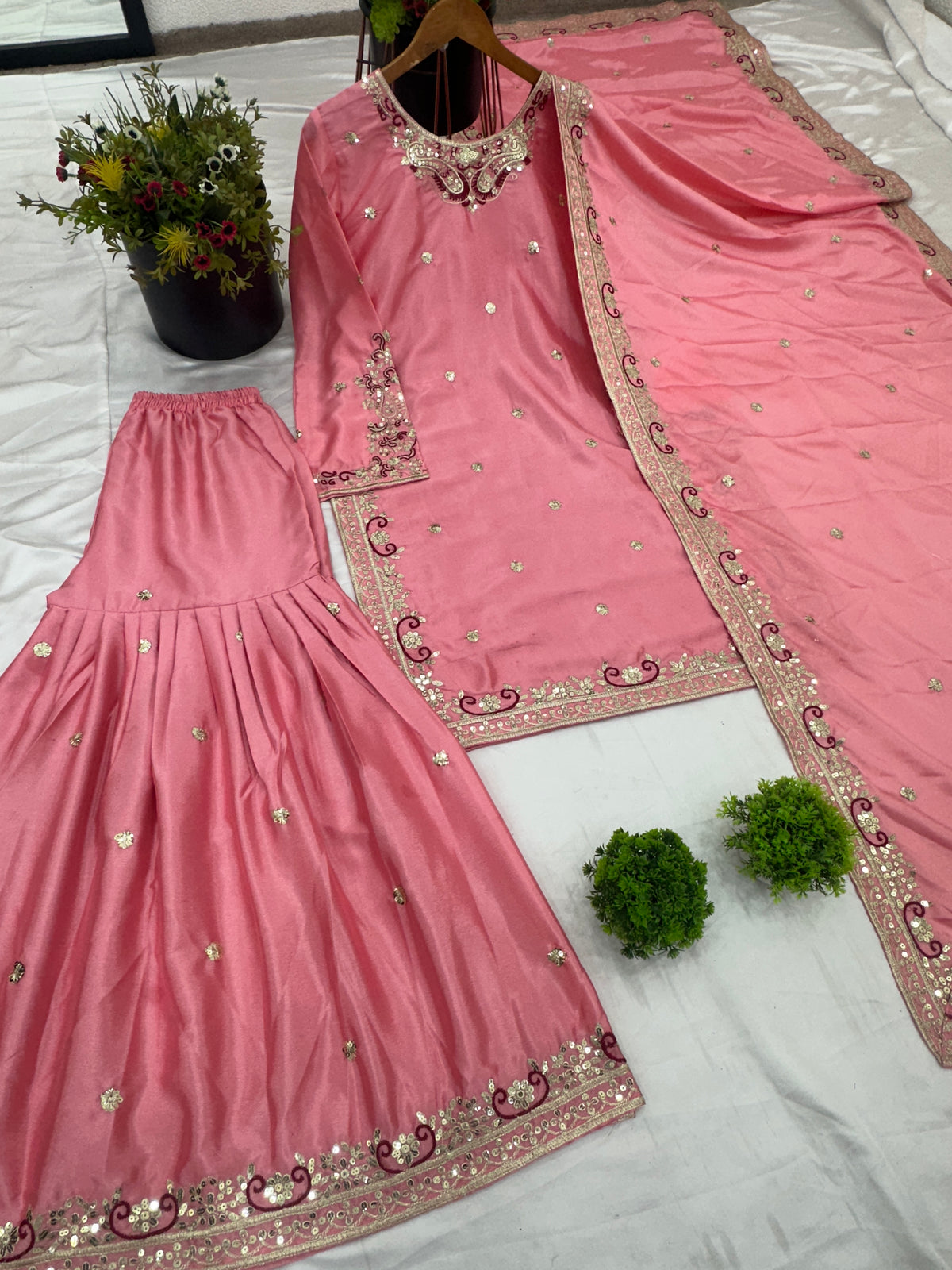 Designer Party Wear Look Top-Plazzo and Dupatta Set With Heavy Embroidery Work