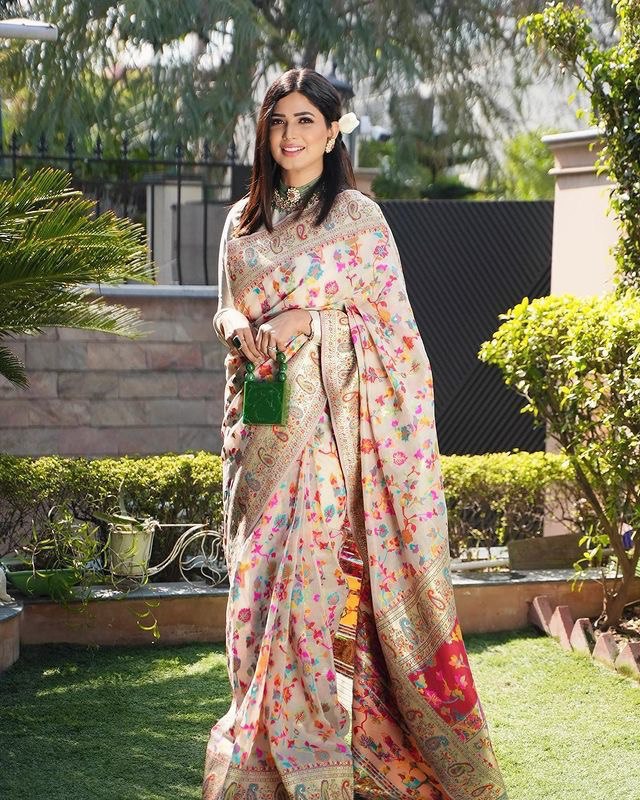 Kashmiri Pashmina Cotton Kachhi Work Multi Thrade Saree