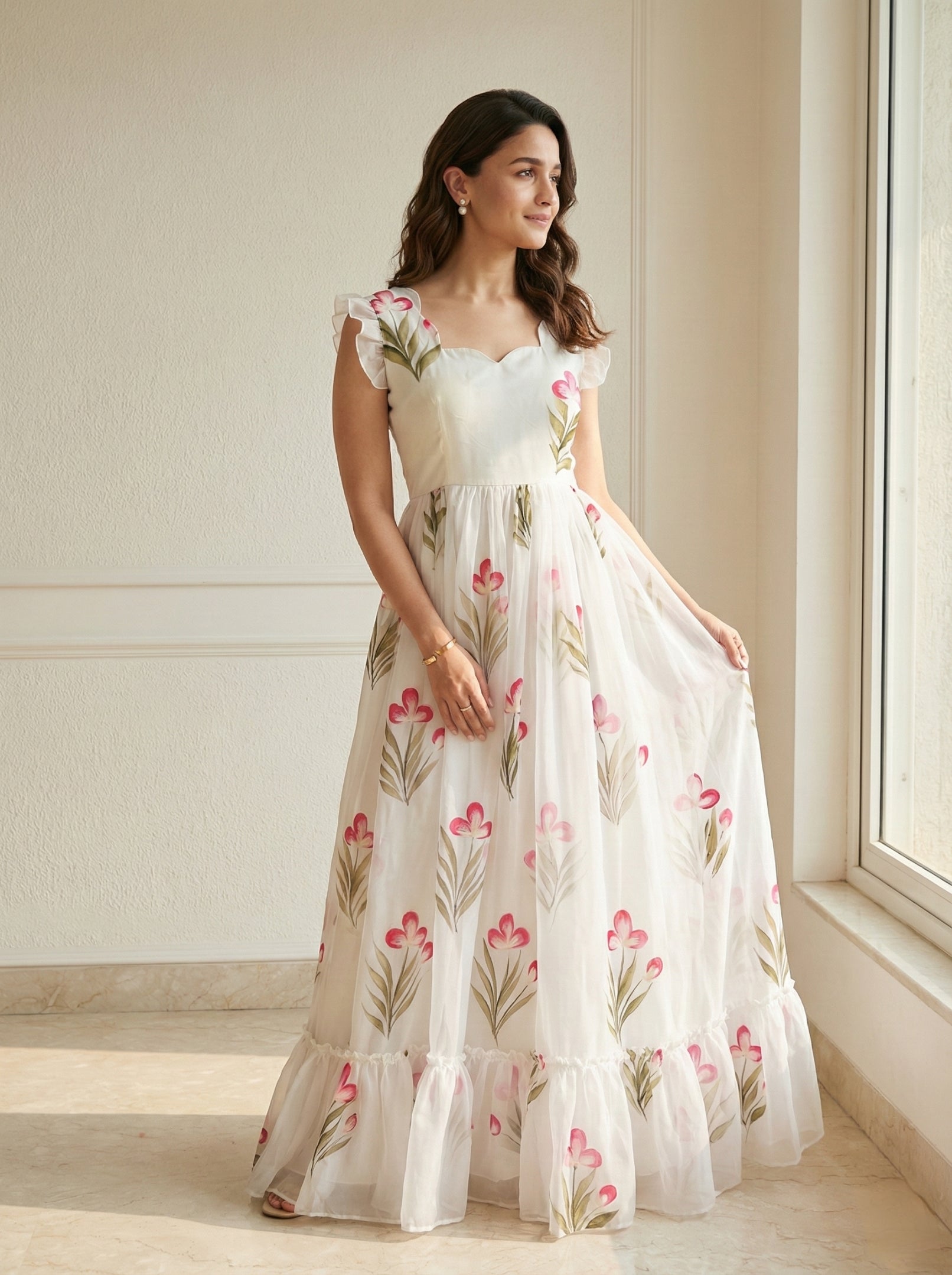 White Floral Printed Party Wear Casual Long Gown