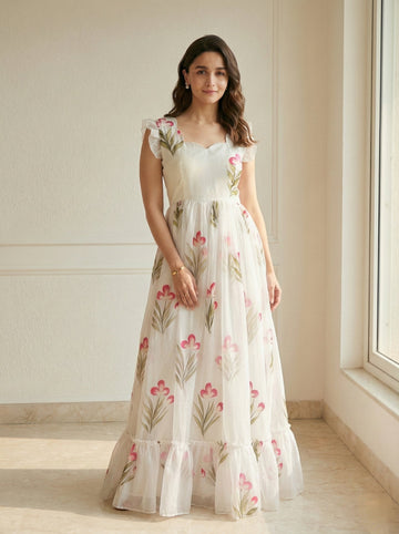 White Floral Printed Party Wear Casual Long Gown