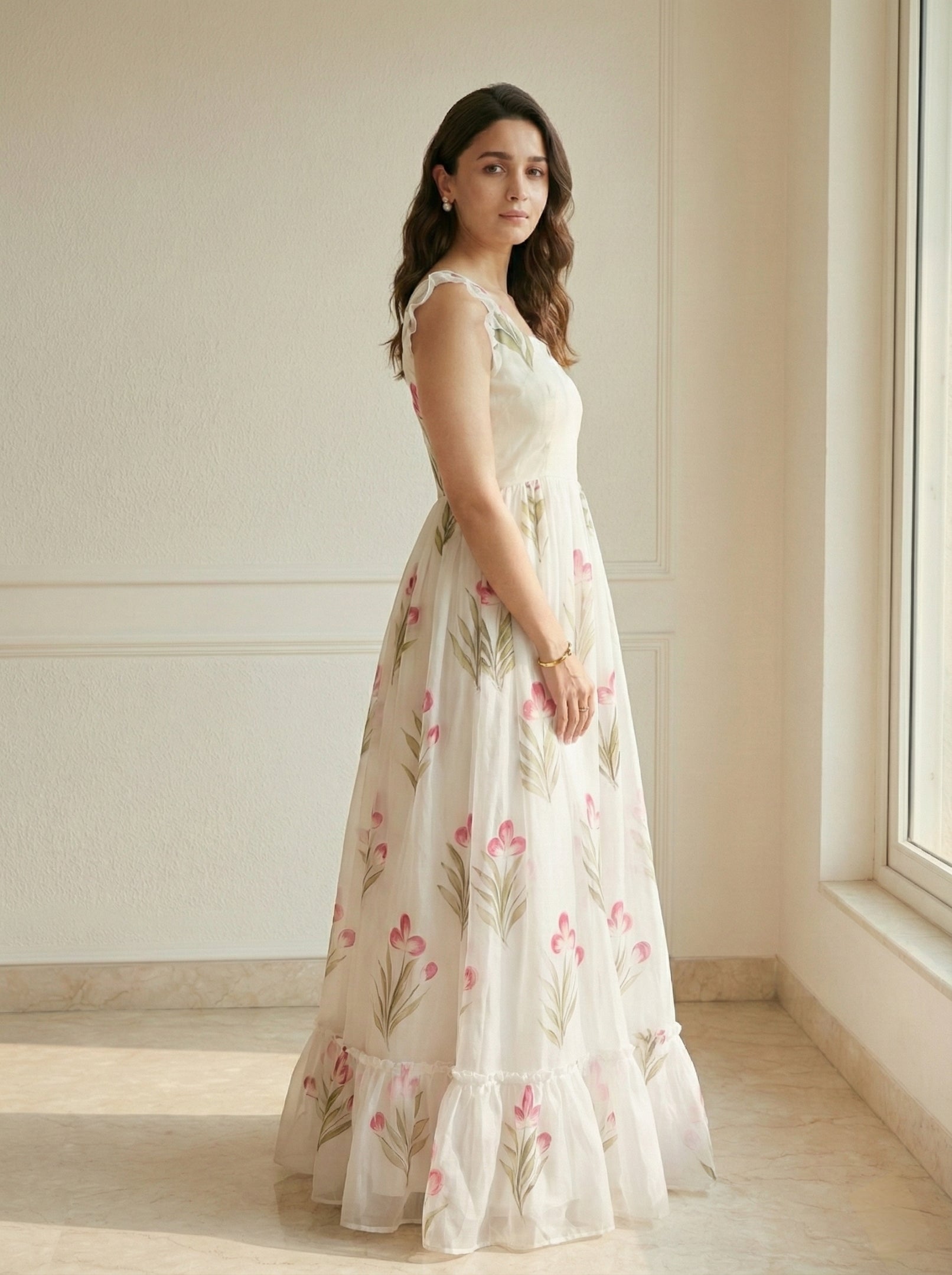 White Floral Printed Party Wear Casual Long Gown