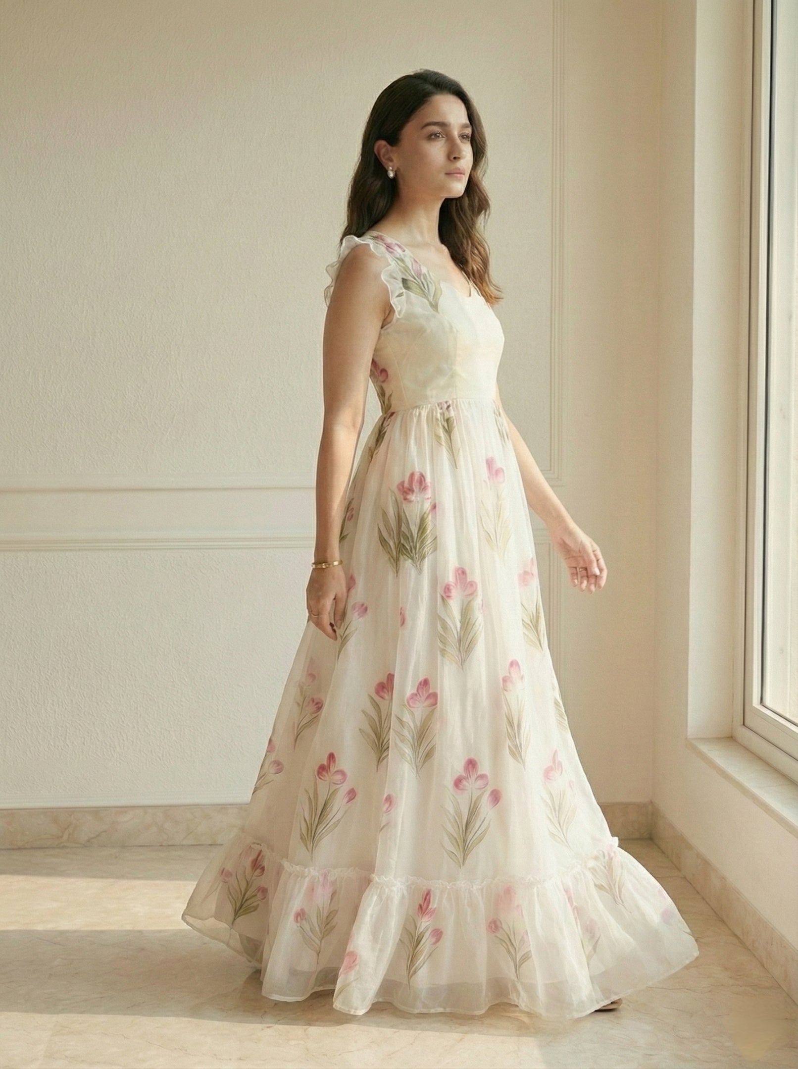 White Floral Printed Party Wear Casual Long Gown