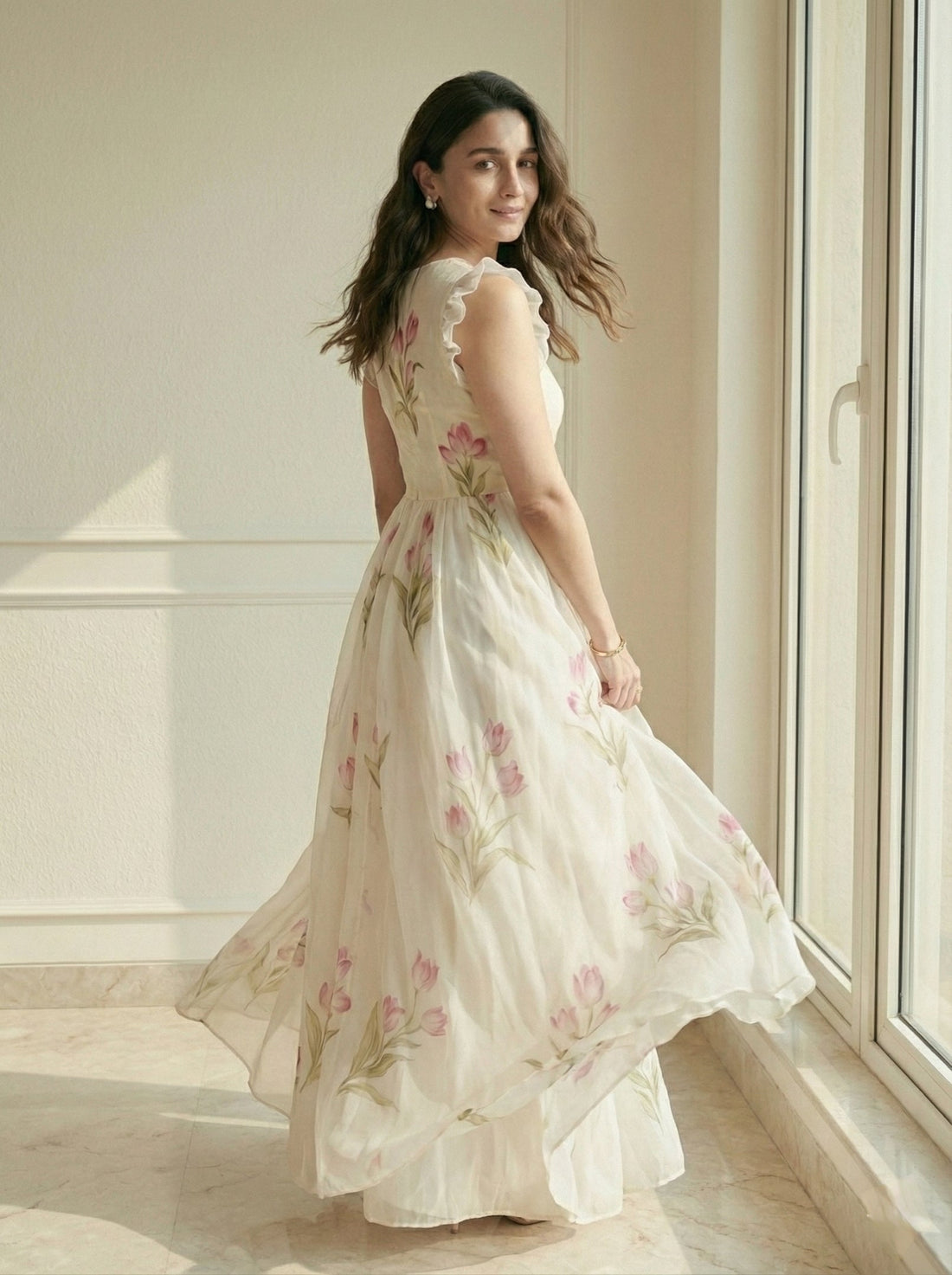 White Floral Printed Party Wear Casual Long Gown