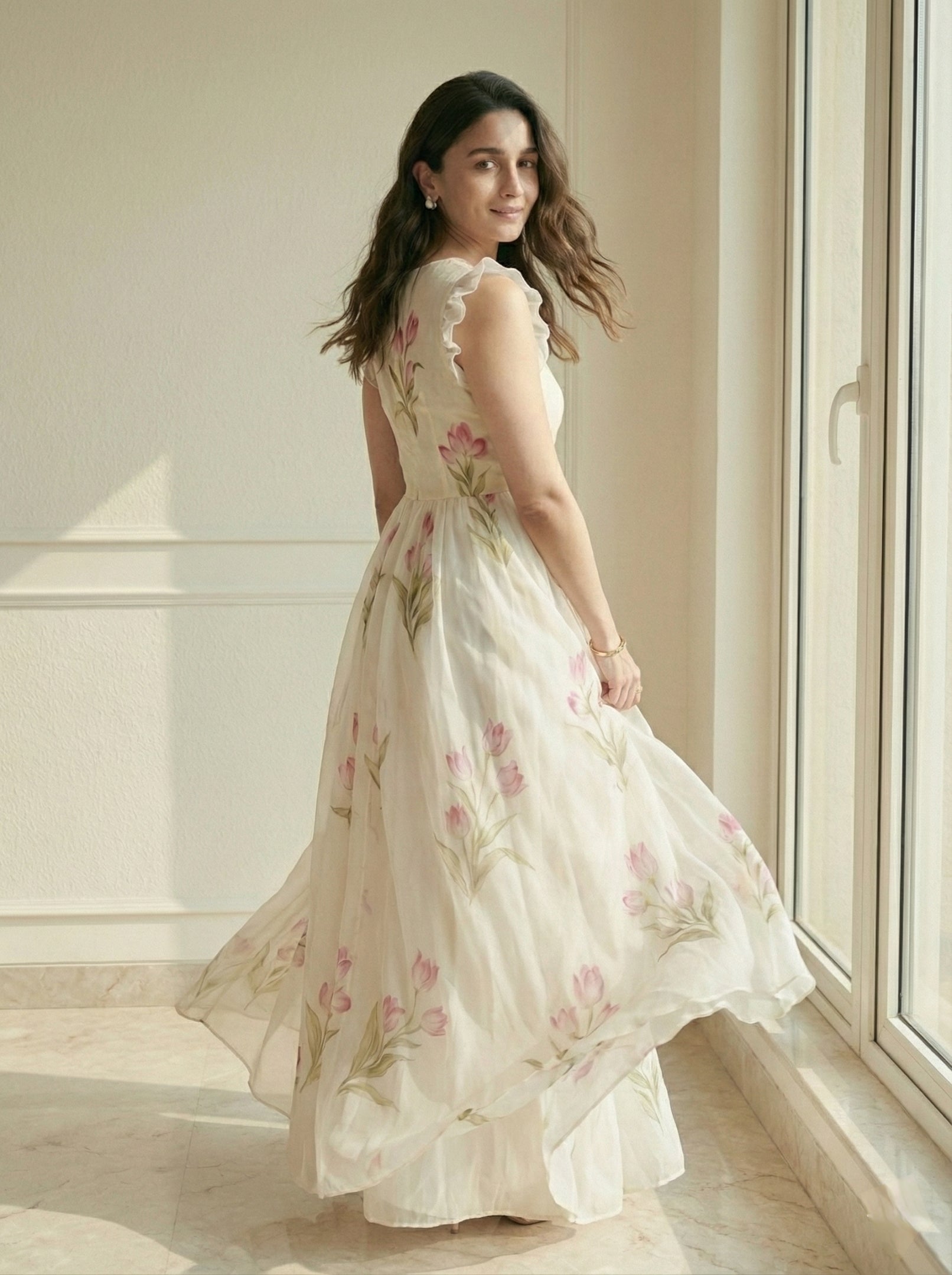 White Floral Printed Party Wear Casual Long Gown
