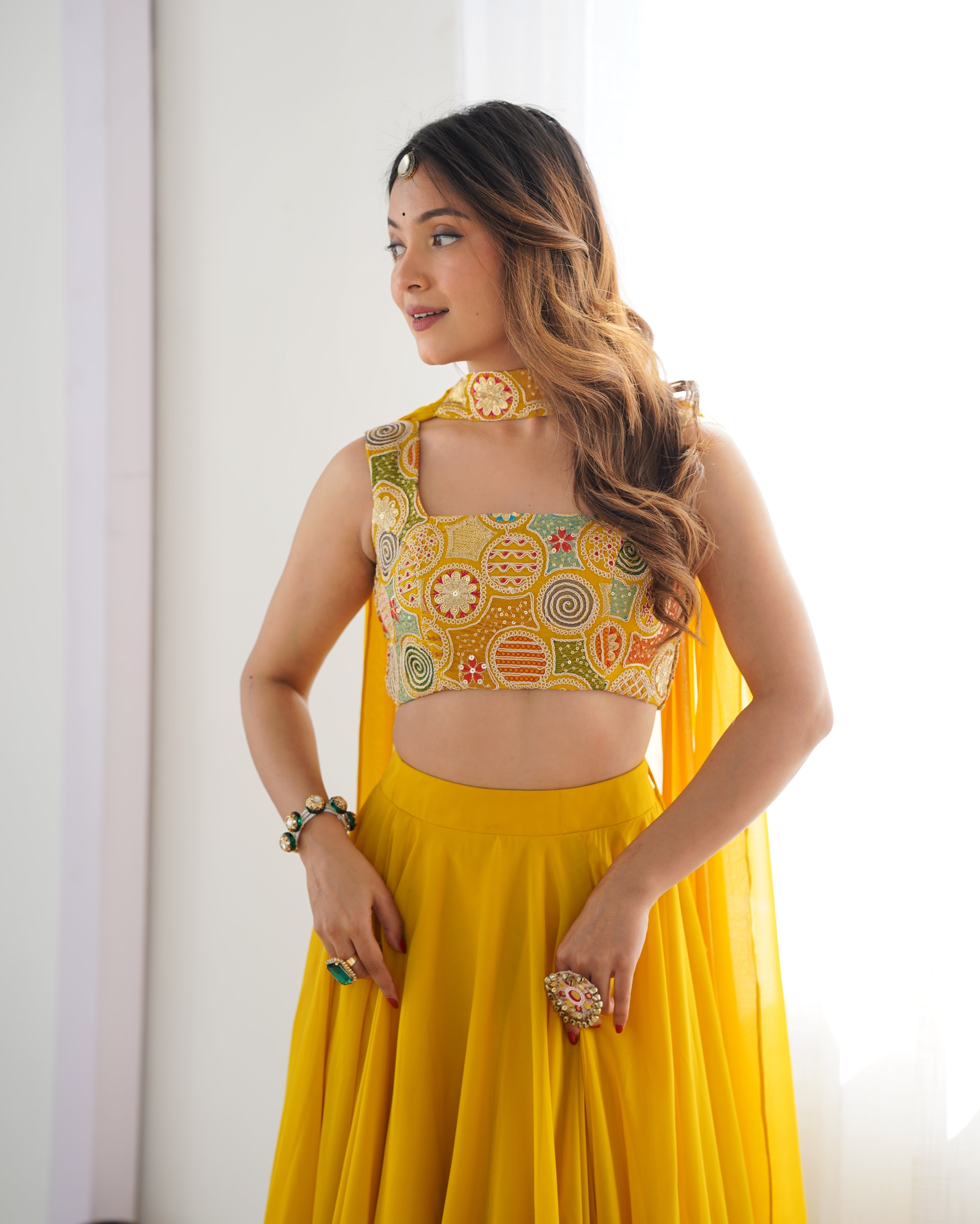 Radiant Yellow Pure Soft Fox Georgette Embroidered Lehenga Choli – 8 Meter Flair