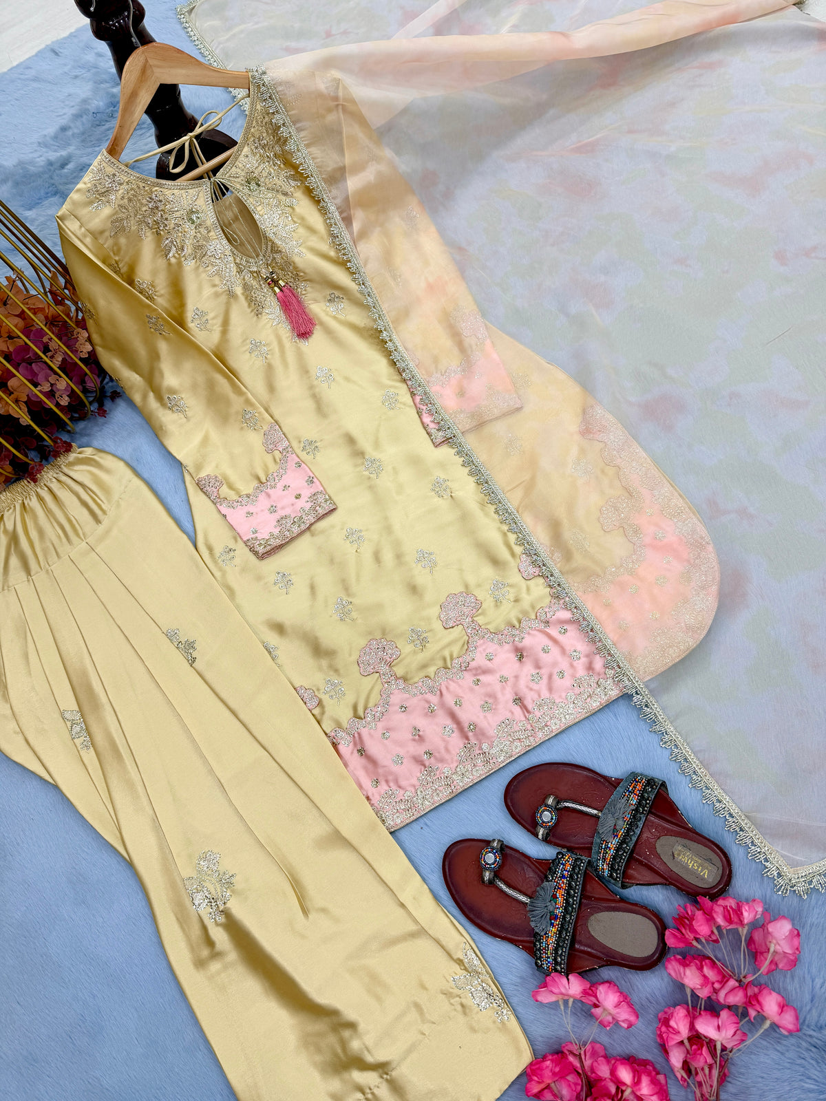 Pure Japan Satin Silk Ready to Wear Farshi Palazzo Suit Set with Digital Print Organza Dupatta
