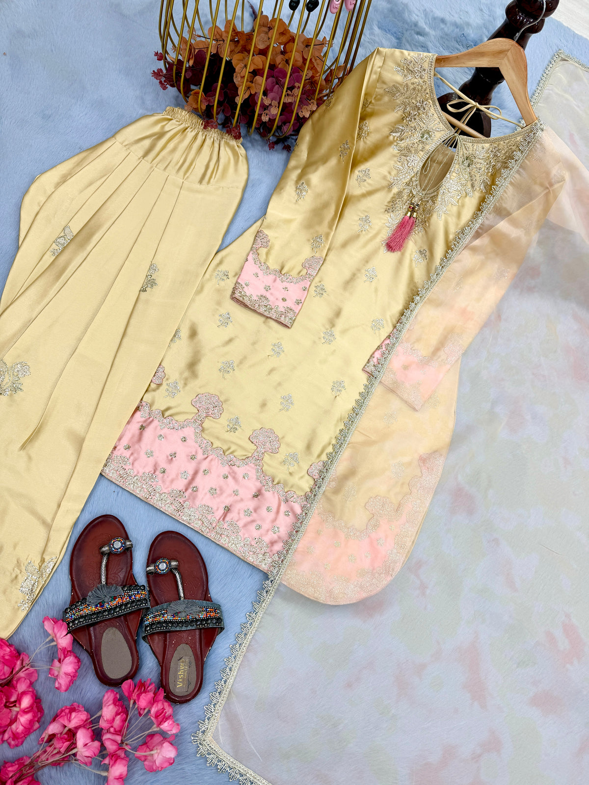 Pure Japan Satin Silk Ready to Wear Farshi Palazzo Suit Set with Digital Print Organza Dupatta