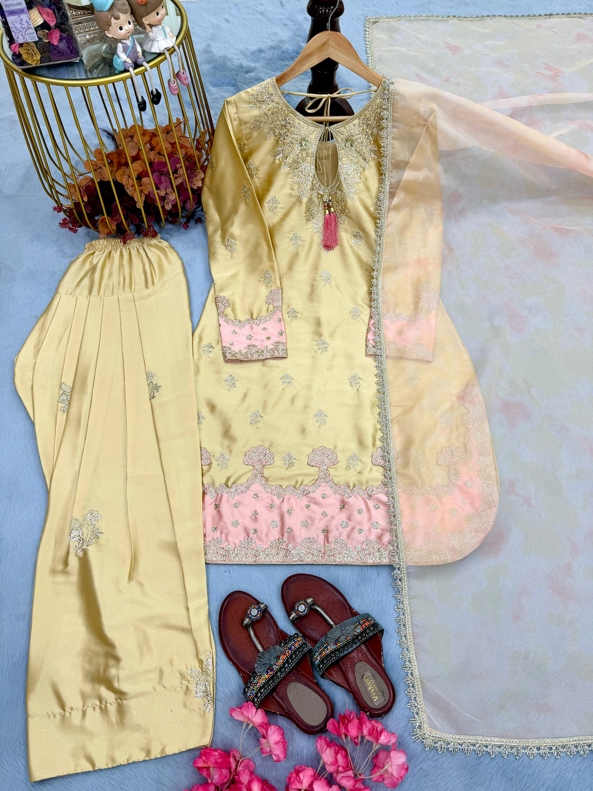 Pure Japan Satin Silk Ready to Wear Farshi Palazzo Suit Set with Digital Print Organza Dupatta