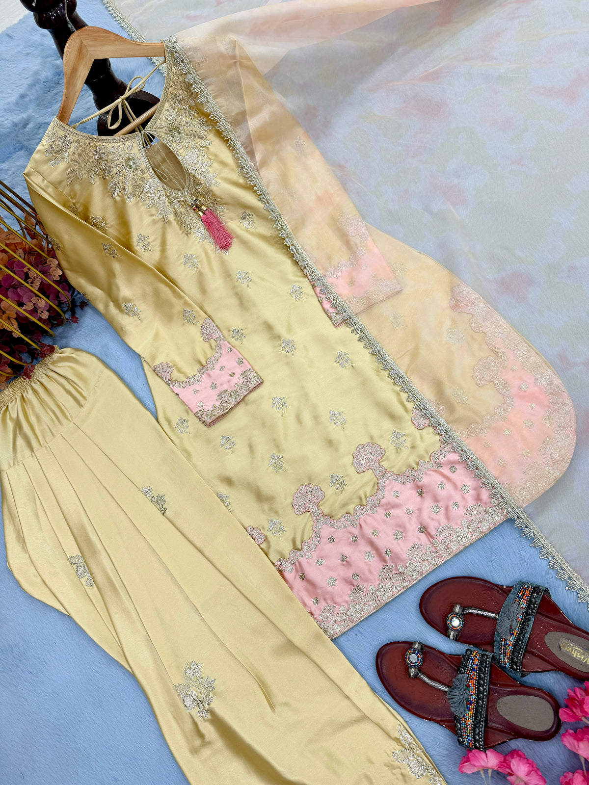 Pure Japan Satin Silk Ready to Wear Farshi Palazzo Suit Set with Digital Print Organza Dupatta