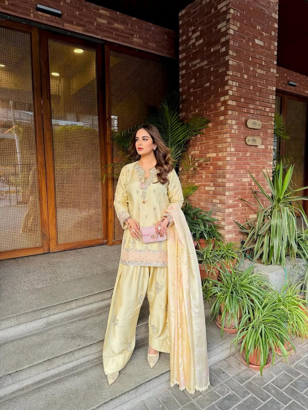 Pure Japan Satin Silk Ready to Wear Farshi Palazzo Suit Set with Digital Print Organza Dupatta