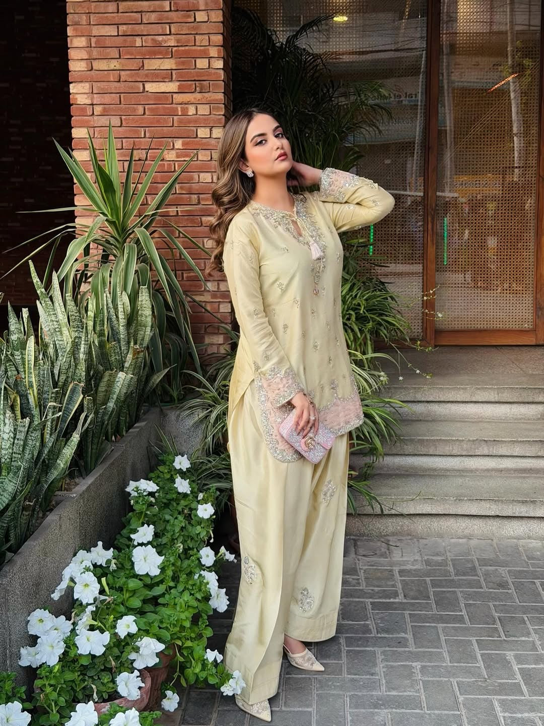 Pure Japan Satin Silk Ready to Wear Farshi Palazzo Suit Set with Digital Print Organza Dupatta