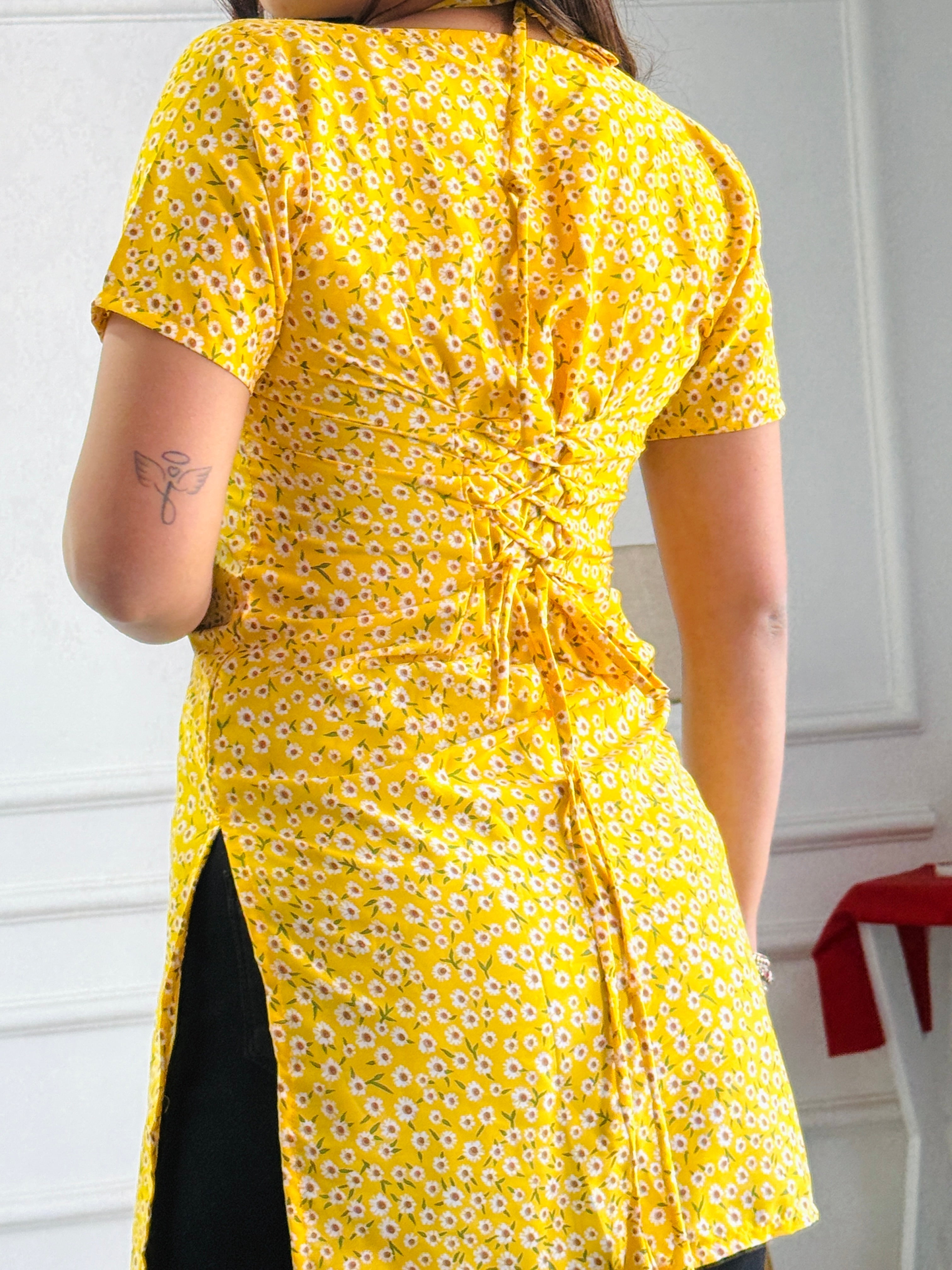 Kurti with Adjustable Lace Yellow Ditsy Floral -Up Back