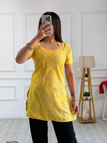Kurti with Adjustable Lace Yellow Ditsy Floral -Up Back