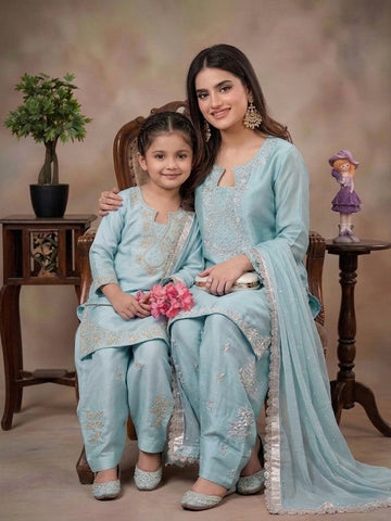Mother Daughter Matching Readymade Pure Glass Silk Sequin & Pearl Work Suit Set