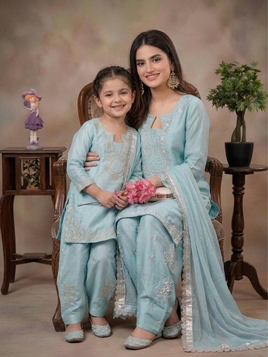 Mother Daughter Matching Readymade Pure Glass Silk Sequin & Pearl Work Suit Set