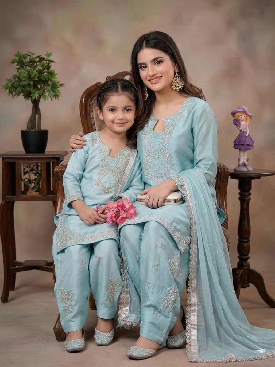 Mother Daughter Matching Readymade Pure Glass Silk Sequin & Pearl Work Suit Set