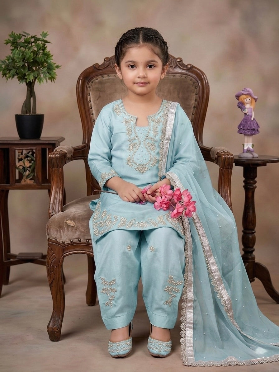 Mother Daughter Matching Readymade Pure Glass Silk Sequin & Pearl Work Suit Set