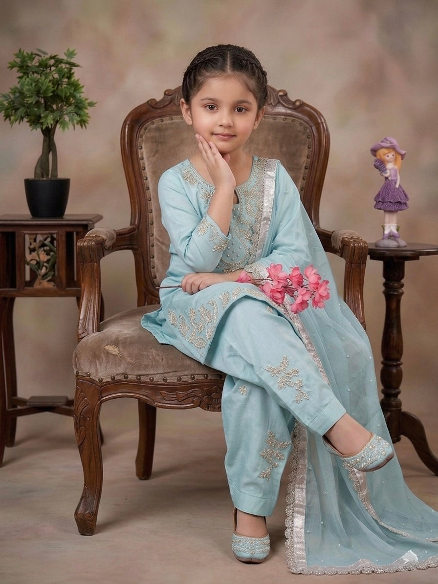 Mother Daughter Matching Readymade Pure Glass Silk Sequin & Pearl Work Suit Set