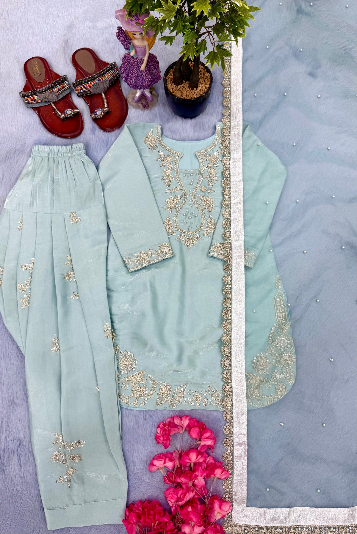 Mother Daughter Matching Readymade Pure Glass Silk Sequin & Pearl Work Suit Set