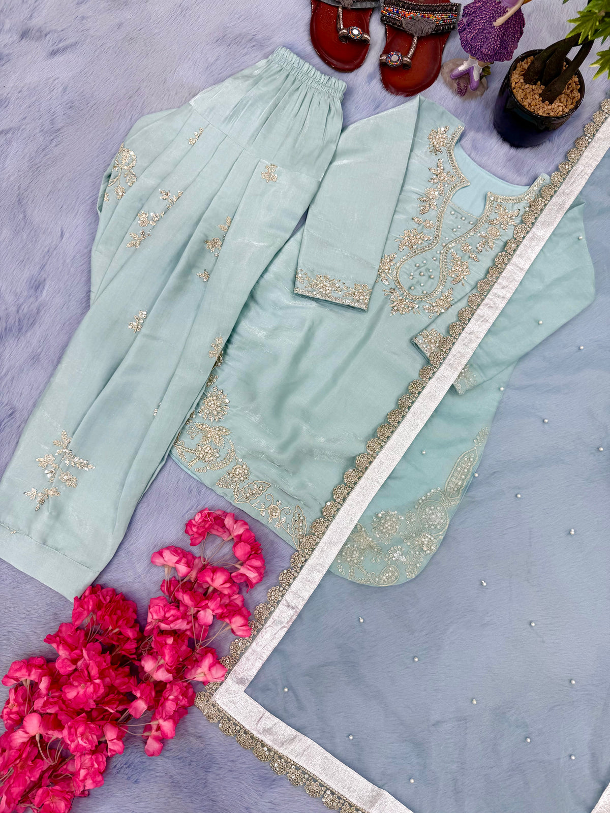 Mother Daughter Matching Readymade Pure Glass Silk Sequin & Pearl Work Suit Set