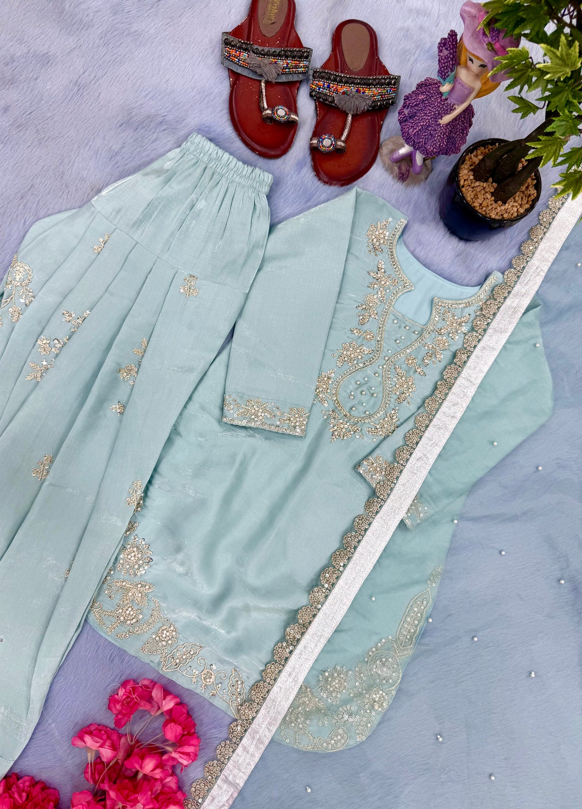 Mother Daughter Matching Readymade Pure Glass Silk Sequin & Pearl Work Suit Set