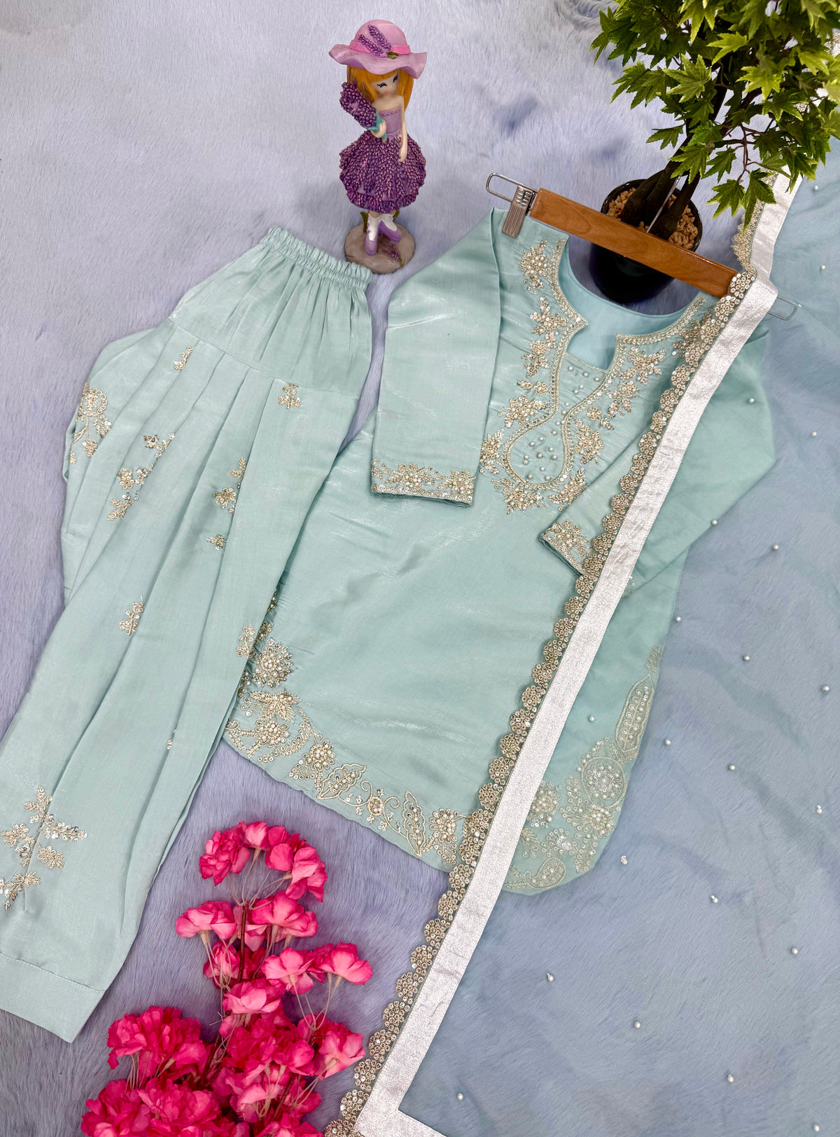 Mother Daughter Matching Readymade Pure Glass Silk Sequin & Pearl Work Suit Set