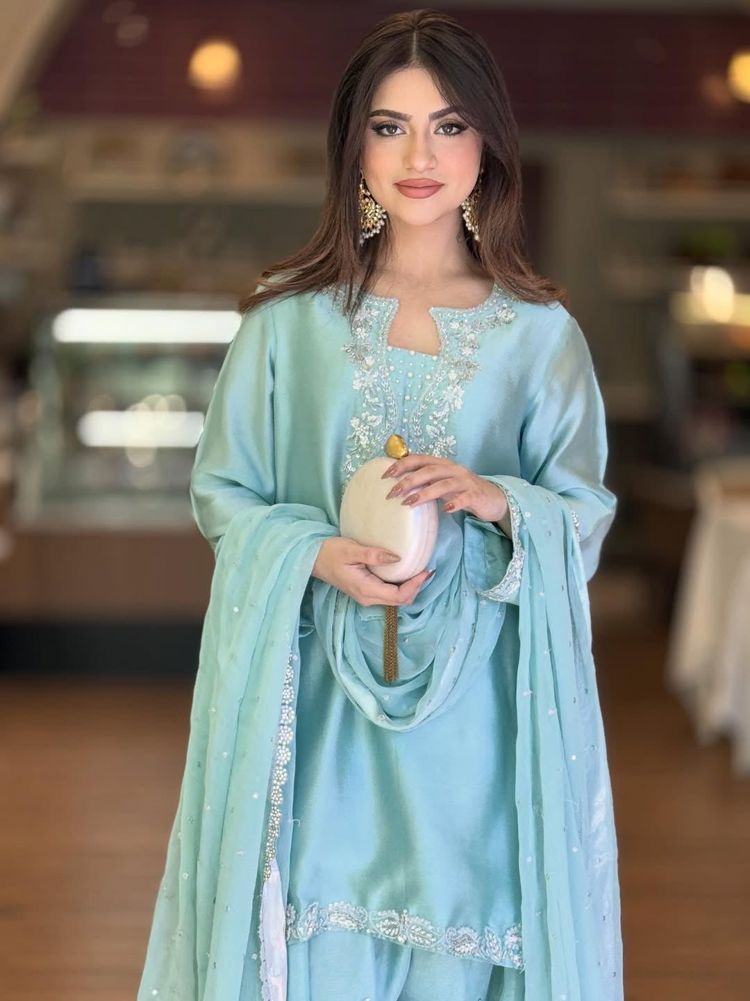 Mother Daughter Matching Readymade Pure Glass Silk Sequin & Pearl Work Suit Set
