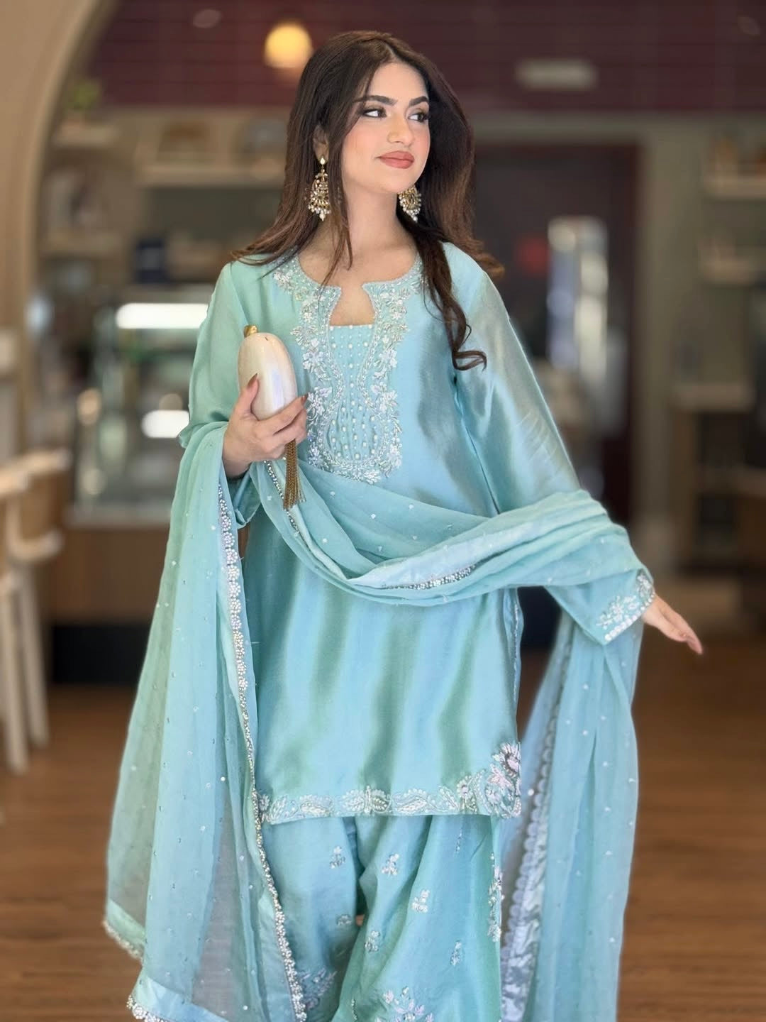 Mother Daughter Matching Readymade Pure Glass Silk Sequin & Pearl Work Suit Set