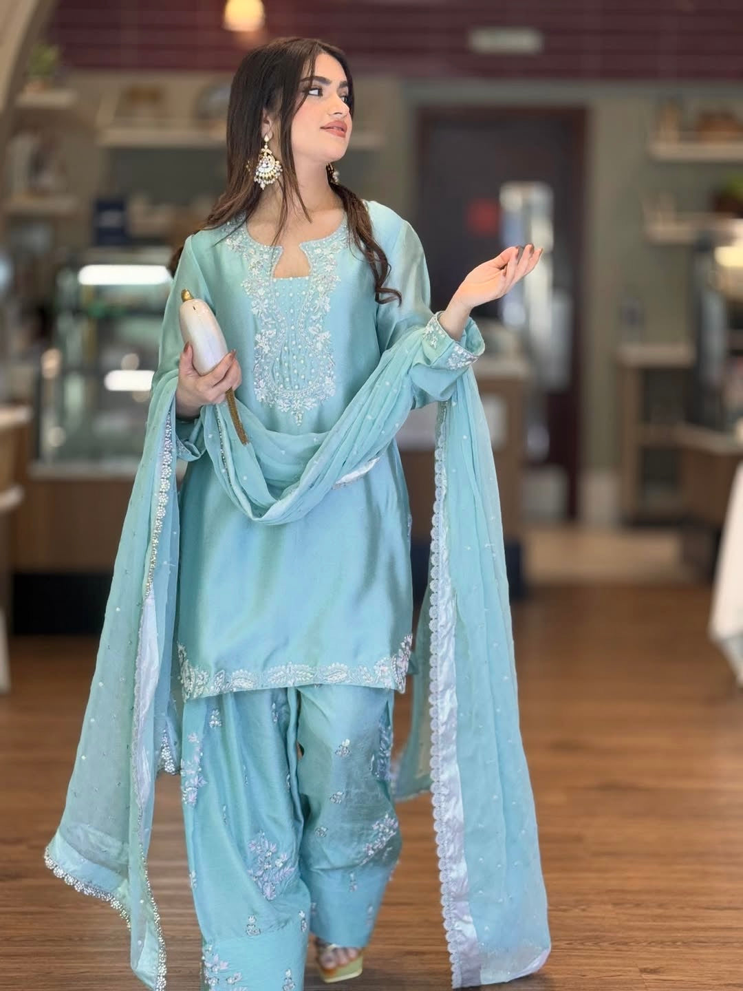 Mother Daughter Matching Readymade Pure Glass Silk Sequin & Pearl Work Suit Set