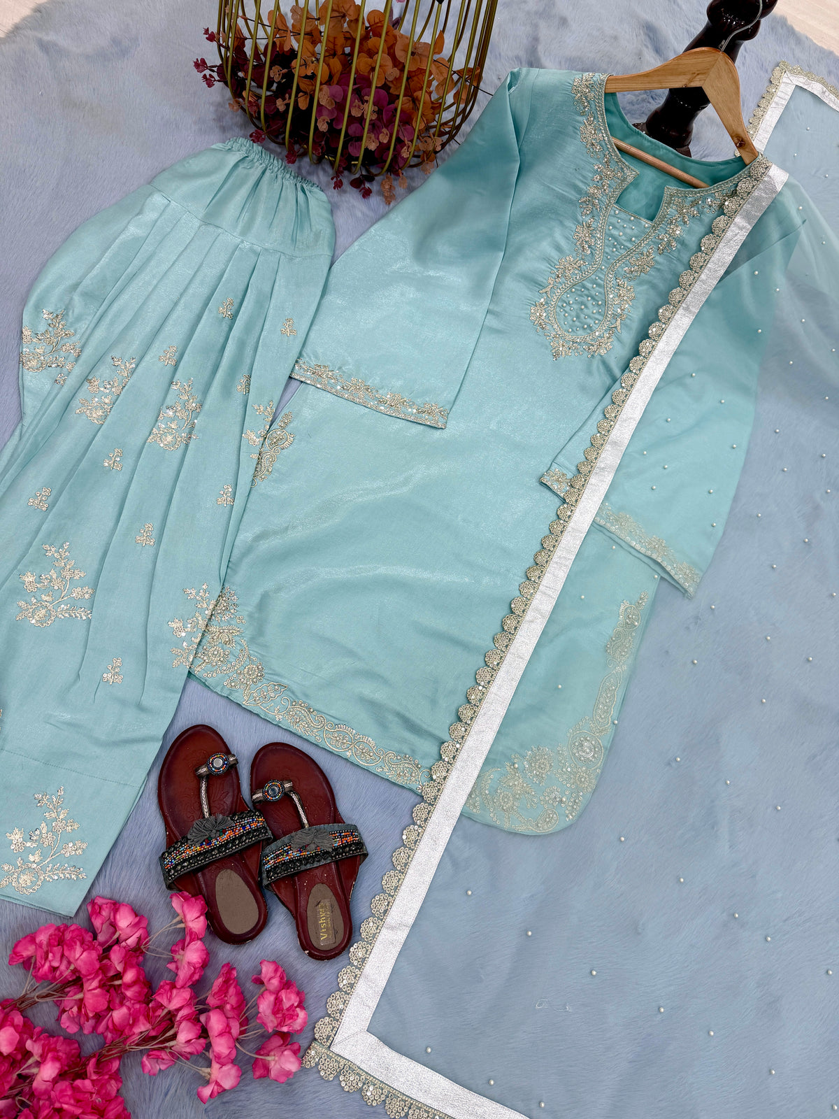 Mother Daughter Matching Readymade Pure Glass Silk Sequin & Pearl Work Suit Set