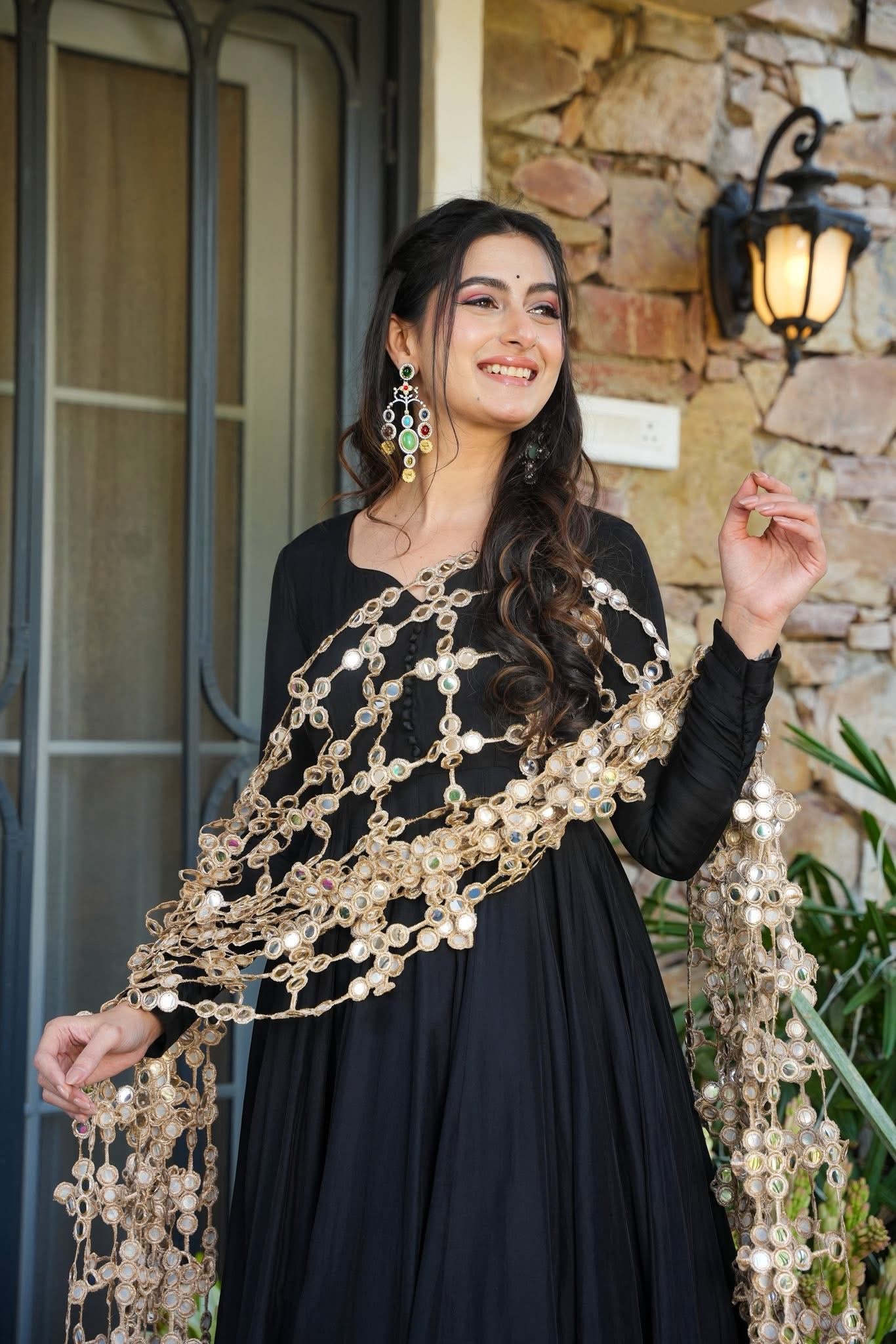Kurti Palazzo Set Elegant Black with Statement Mirror Work Dupatta