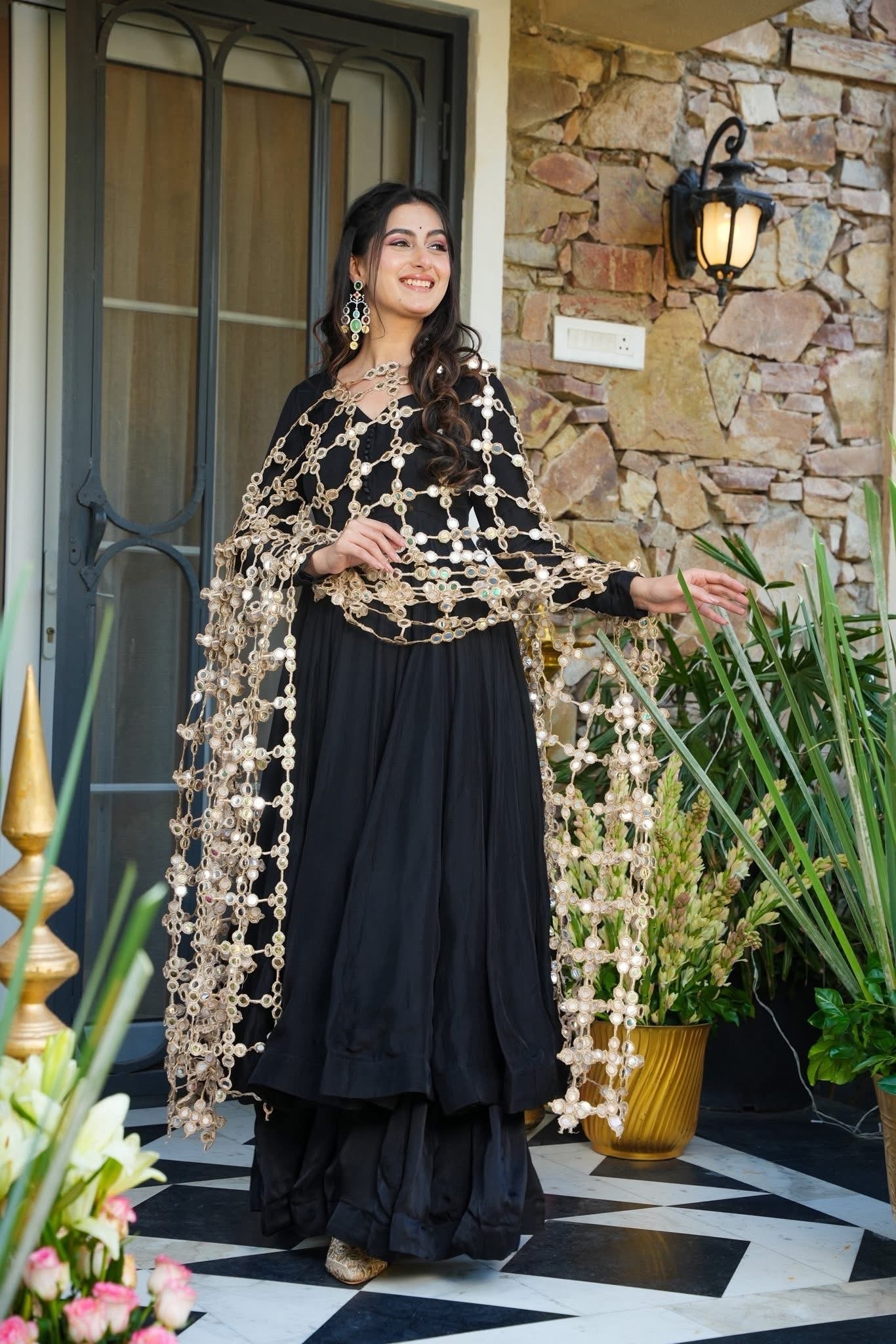 Kurti Palazzo Set Elegant Black with Statement Mirror Work Dupatta