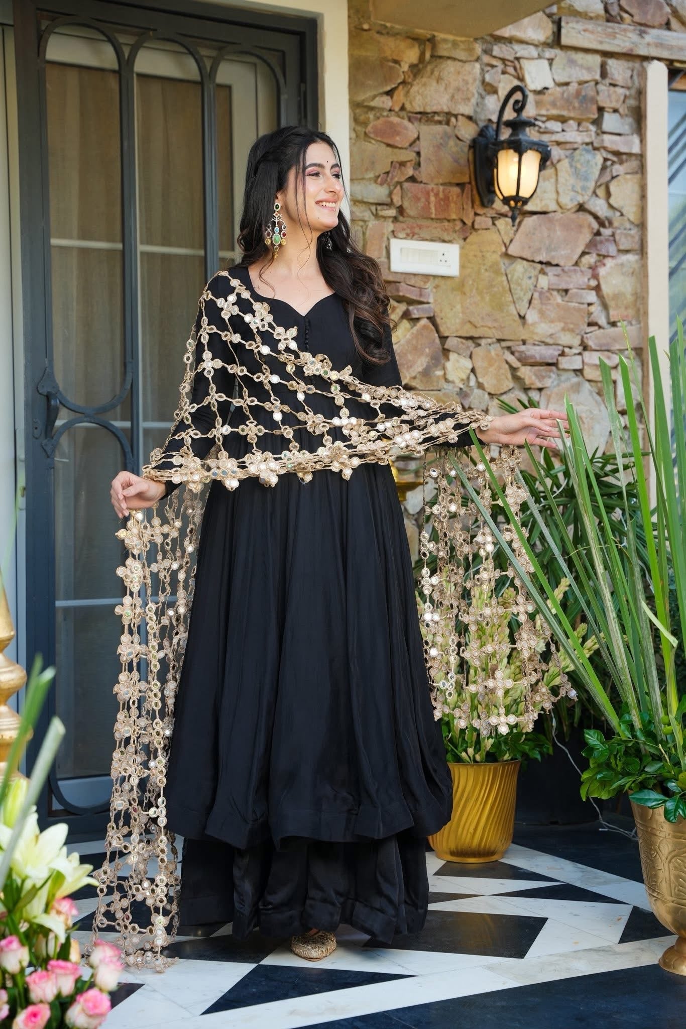 Kurti Palazzo Set Elegant Black with Statement Mirror Work Dupatta