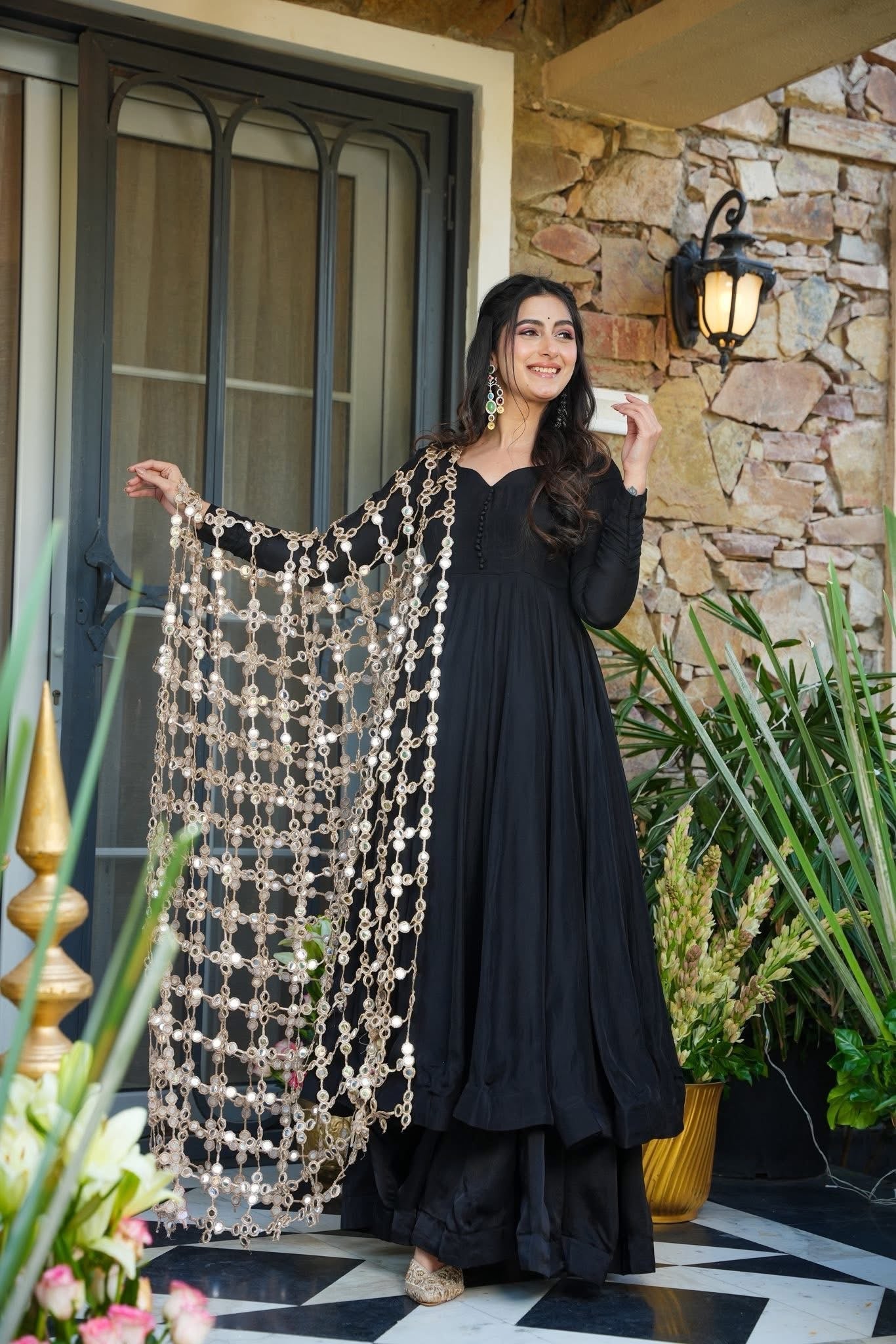 Kurti Palazzo Set Elegant Black with Statement Mirror Work Dupatta