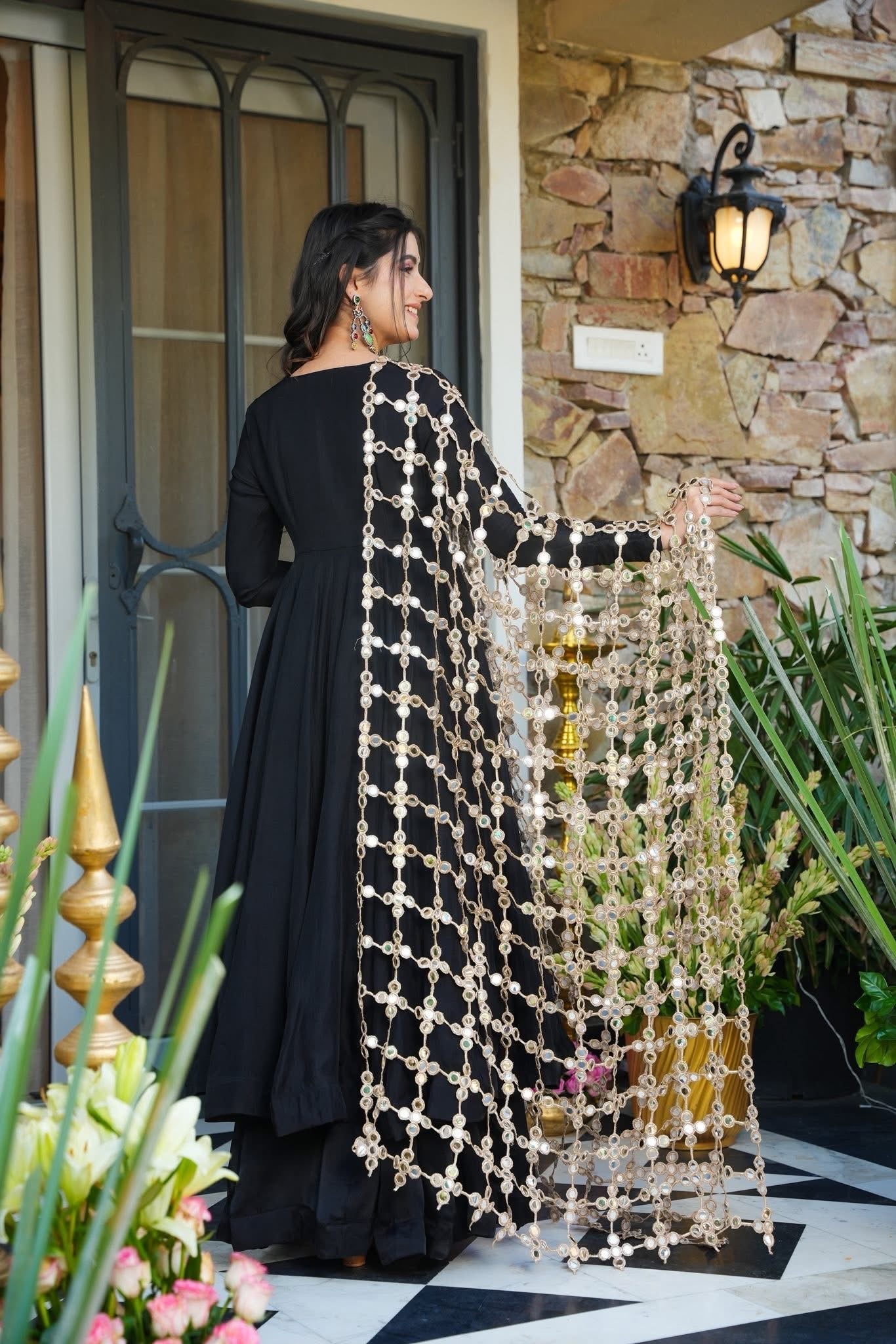 Kurti Palazzo Set Elegant Black with Statement Mirror Work Dupatta
