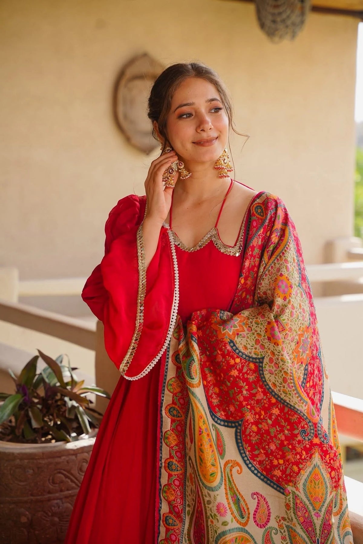 Striking Red Flared Anarkali Suit Set with Kalamkari Printed Dupatta