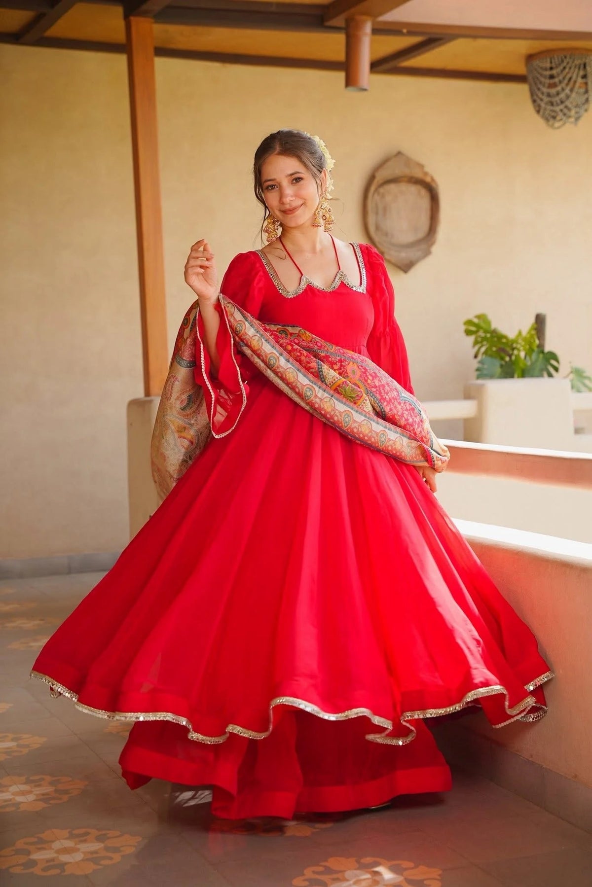 Striking Red Flared Anarkali Suit Set with Kalamkari Printed Dupatta