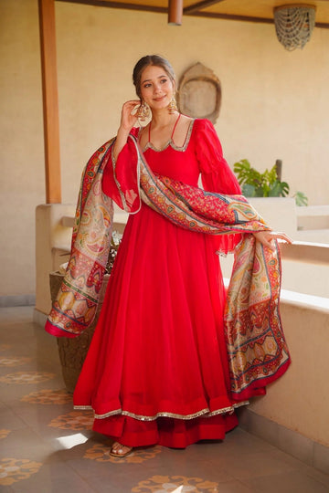 Striking Red Flared Anarkali Suit Set with Kalamkari Printed Dupatta