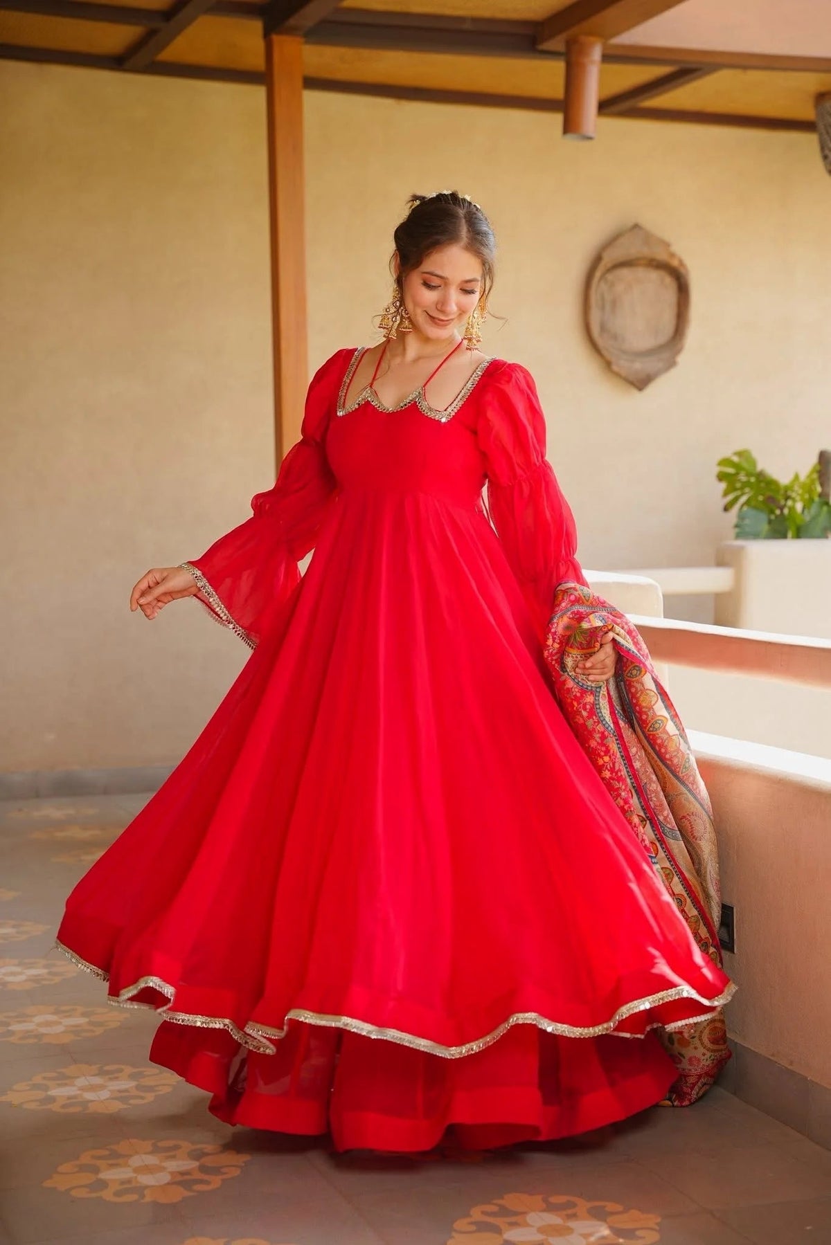 Striking Red Flared Anarkali Suit Set with Kalamkari Printed Dupatta