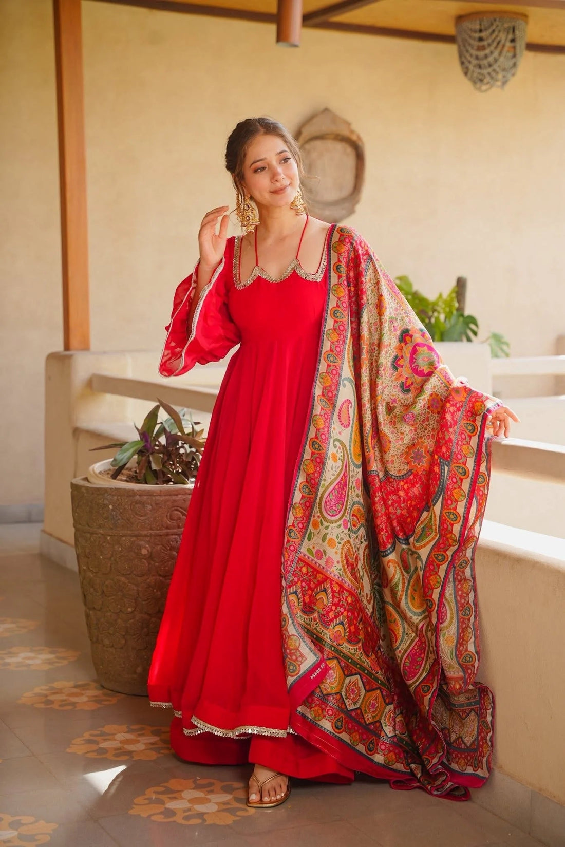Striking Red Flared Anarkali Suit Set with Kalamkari Printed Dupatta