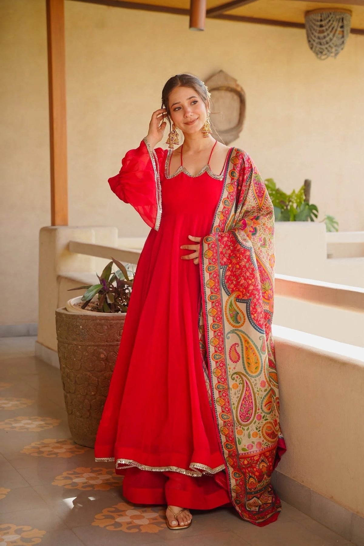 Striking Red Flared Anarkali Suit Set with Kalamkari Printed Dupatta