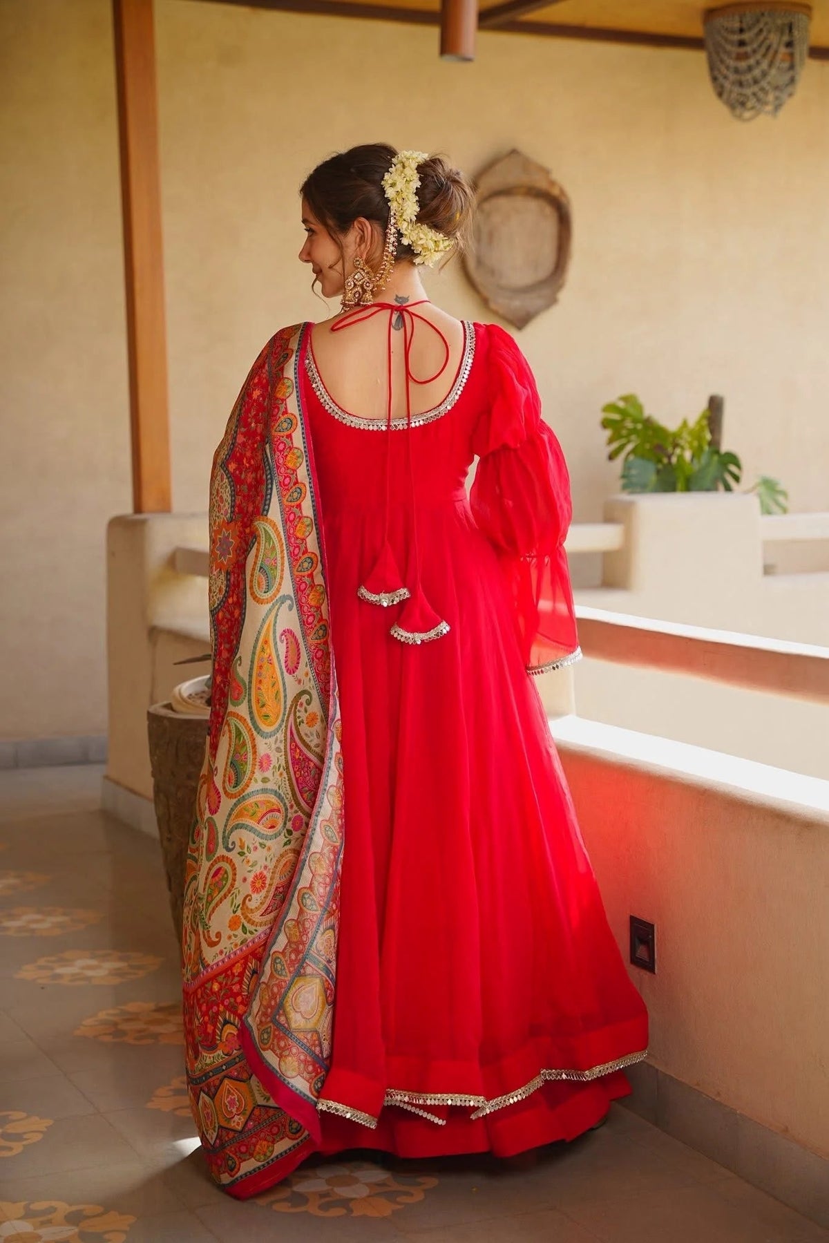Striking Red Flared Anarkali Suit Set with Kalamkari Printed Dupatta