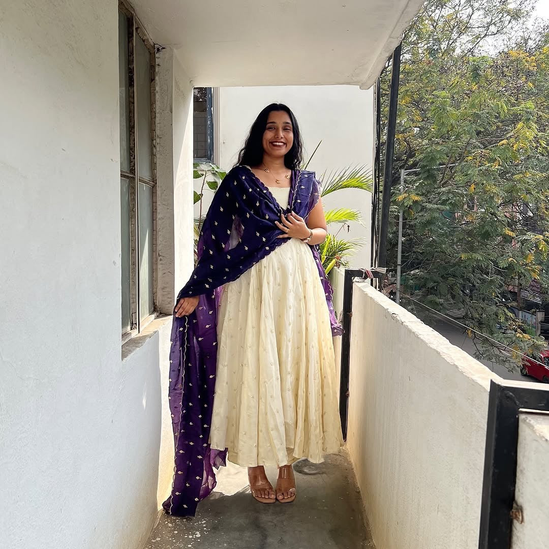 Anarkali Dress with Cream & Navy Blue Dupatta – Elegant Women’s Ethnic Wear