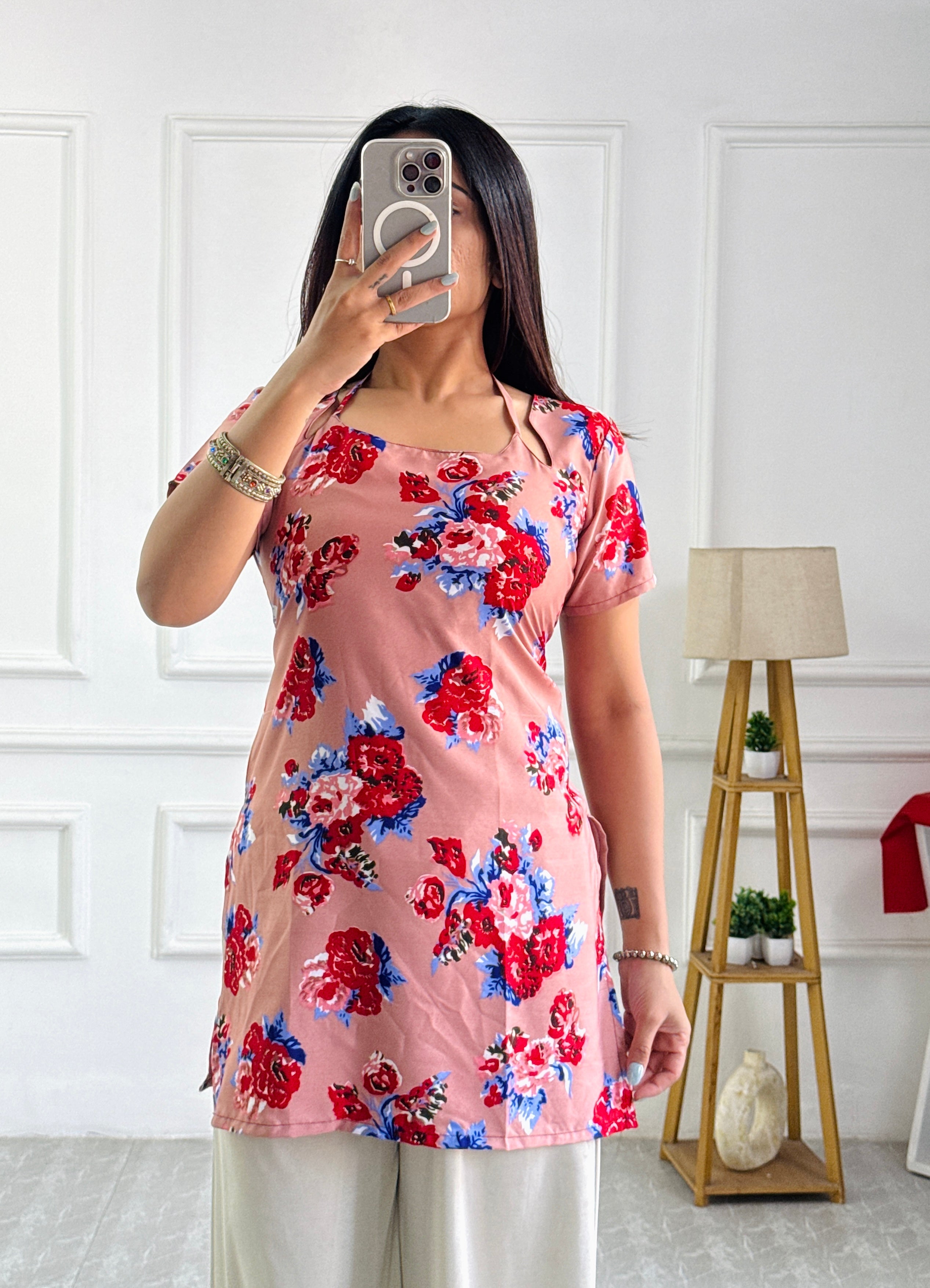 Short Kurti with Square Neck Aarvi Cambric Peach Floral & Back Lace-Up Detail