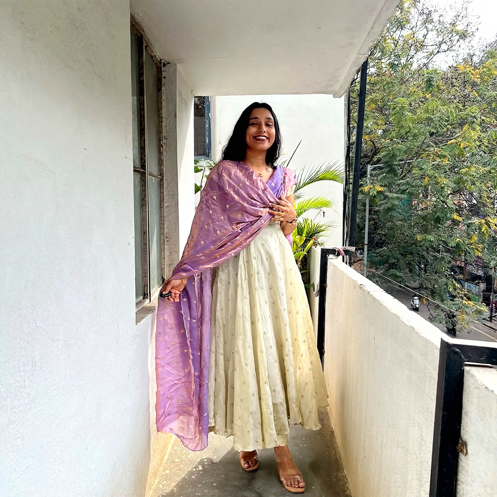 Anarkali Dress with Cream & Lavender Dupatta – Elegant Women’s Ethnic Wear