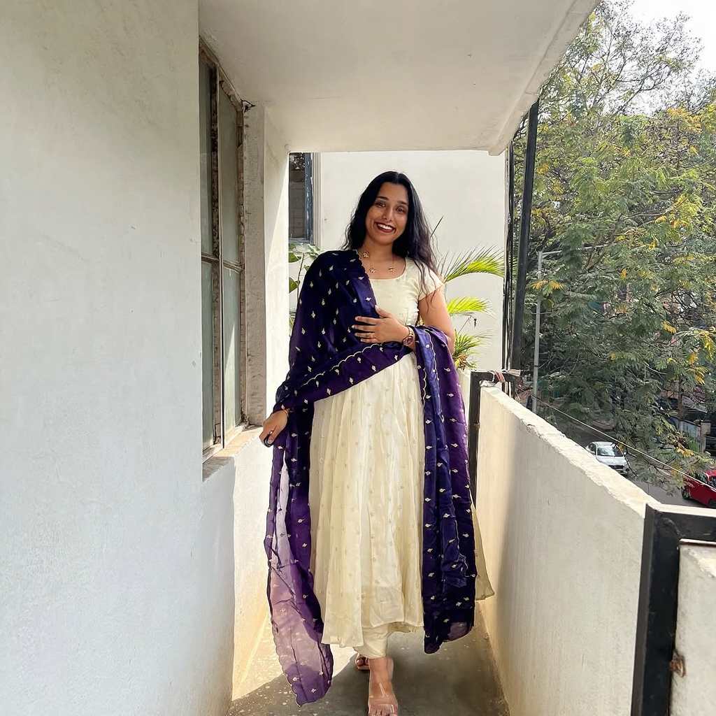 Anarkali Dress with Cream & Navy Blue Dupatta – Elegant Women’s Ethnic Wear