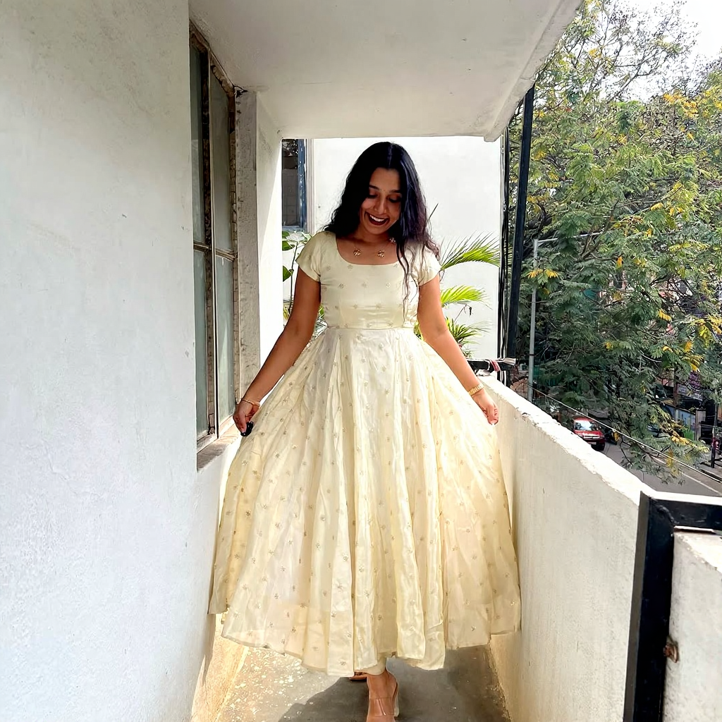 Anarkali Dress with Cream & Navy Blue Dupatta – Elegant Women’s Ethnic Wear