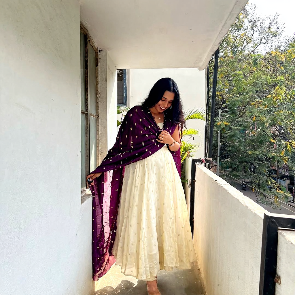 Anarkali Dress with Cream & Dark Wine Dupatta – Elegant Women’s Ethnic Wear