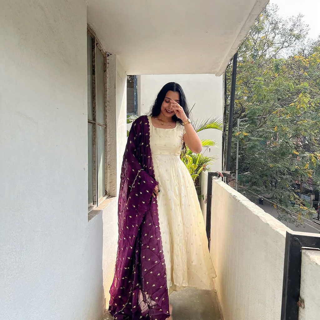 Anarkali Dress with Cream & Dark Wine Dupatta – Elegant Women’s Ethnic Wear